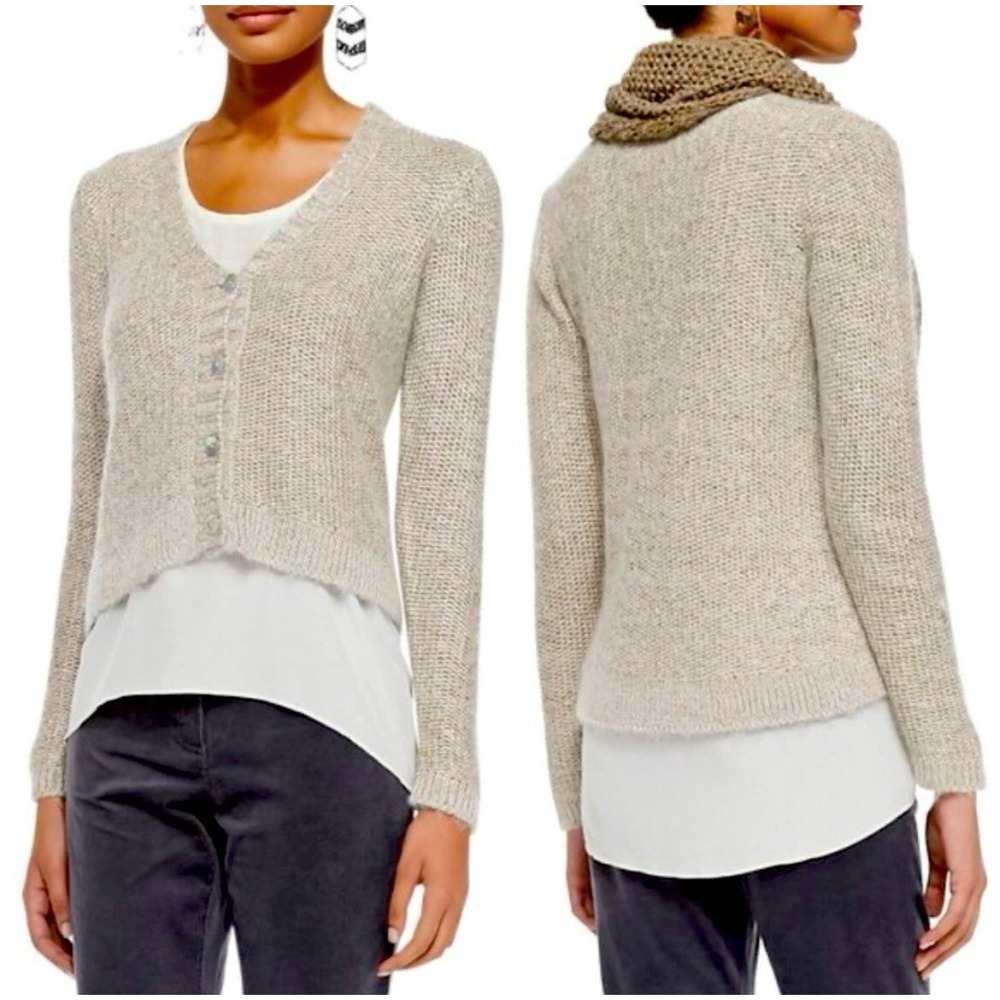 Eileen Fisher Beige Mohair Alpaca Pearl Button Up Hi Lo Boxy Cardigan Sweater PL